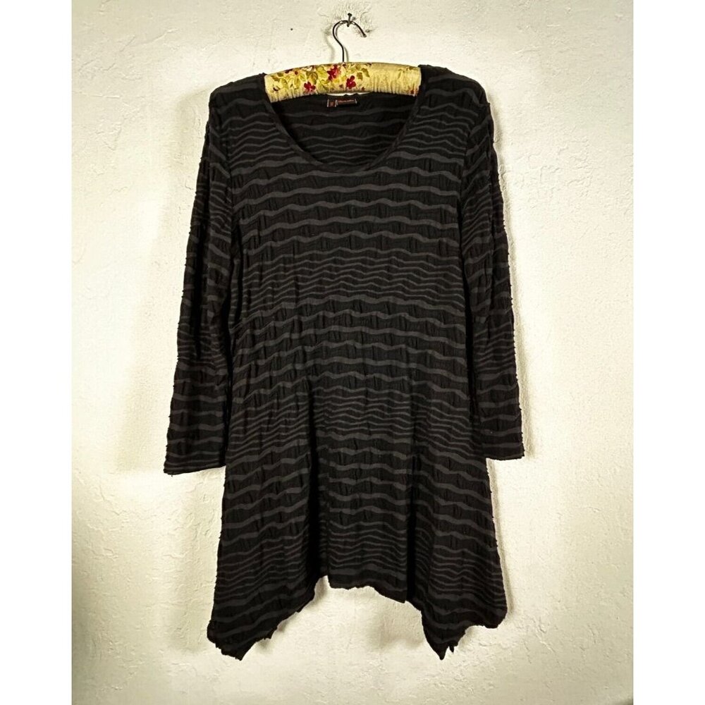 Tianello Womens Black Striped 3/4 Sleeve Textured Asymmetrical Tunic Top Medium